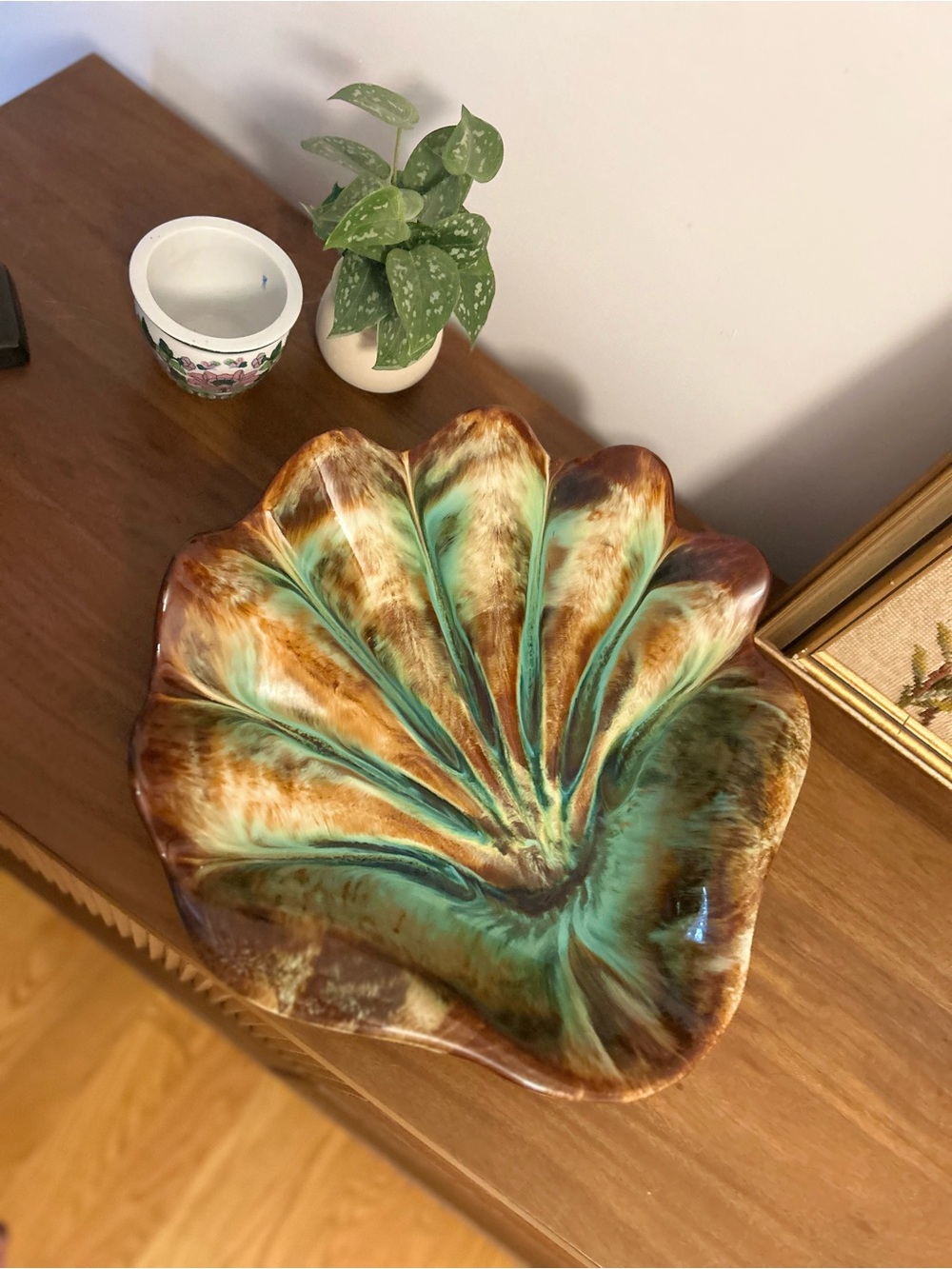 Blue Mountain Pottery Handcrafted Ceramic Shell Leaf Bowl in Turquoise and Brown